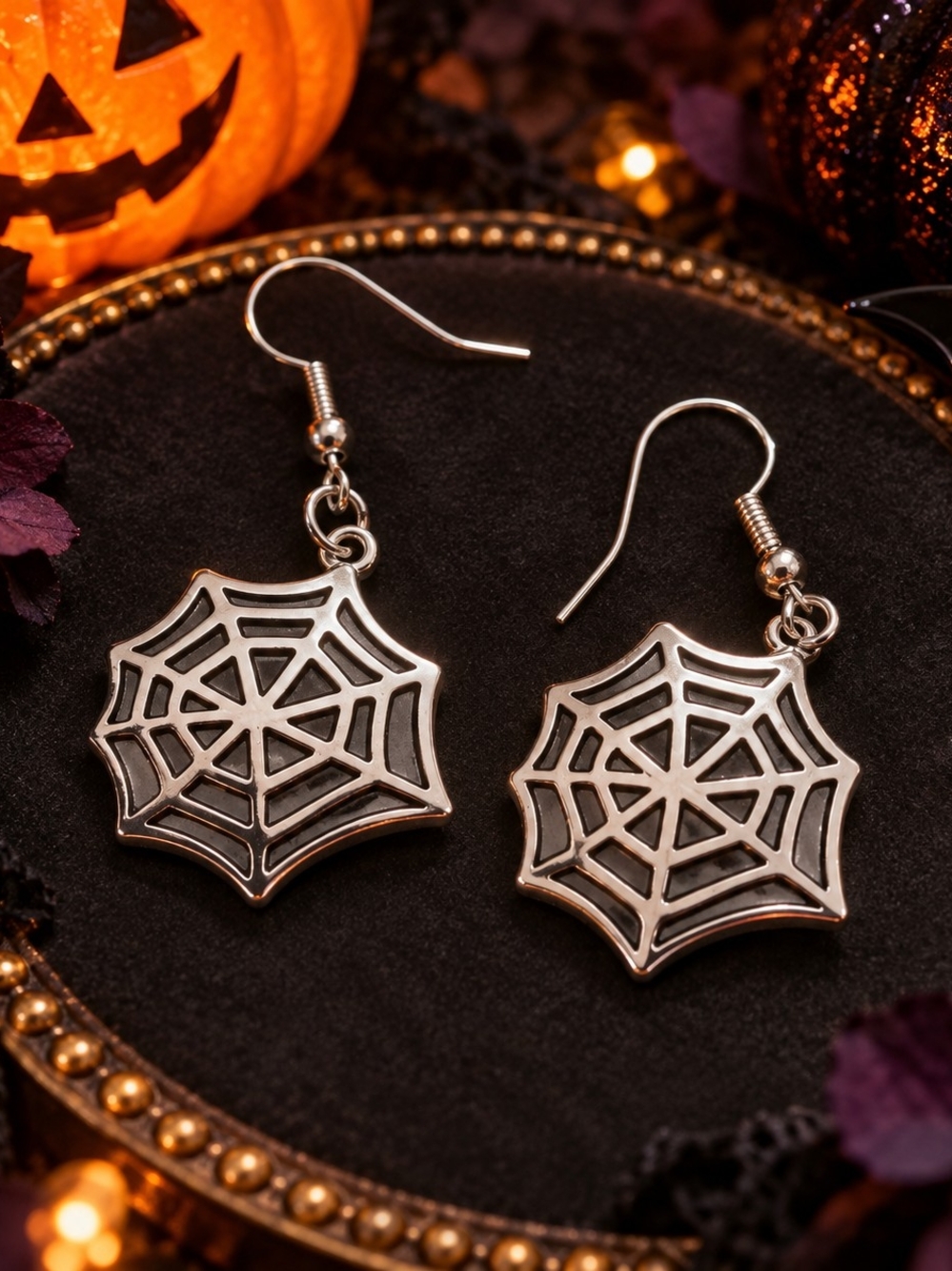 Silver Tone Metal Spider Web Drop Dangle Earrings New